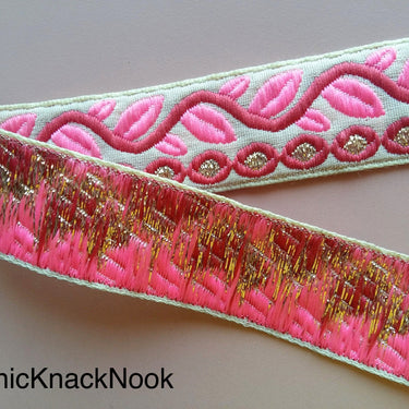 Beige Trim With Pink, Purple And Gold Leaves On Vine Embroidery, Approx. 30mm Wide - 200317L123